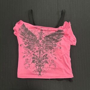 Y2K Pink Black Layered Winged Cross Graphic Top Rhinestone Affliction Inspired